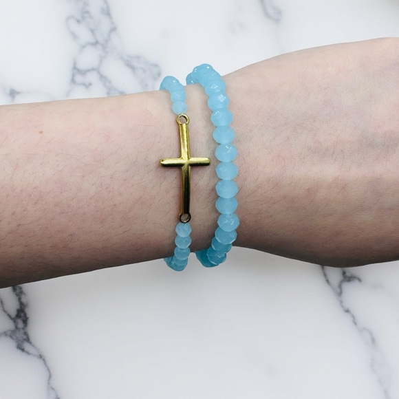 Stainless Steel Cross beaded Bracelet -Sky Blue - Picture 1 of 4